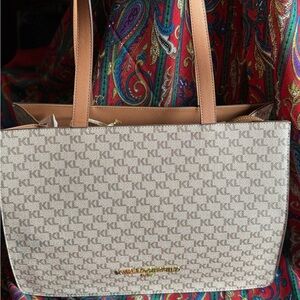 Karl Lagerfeld Beige Monogram XL Tote Bag